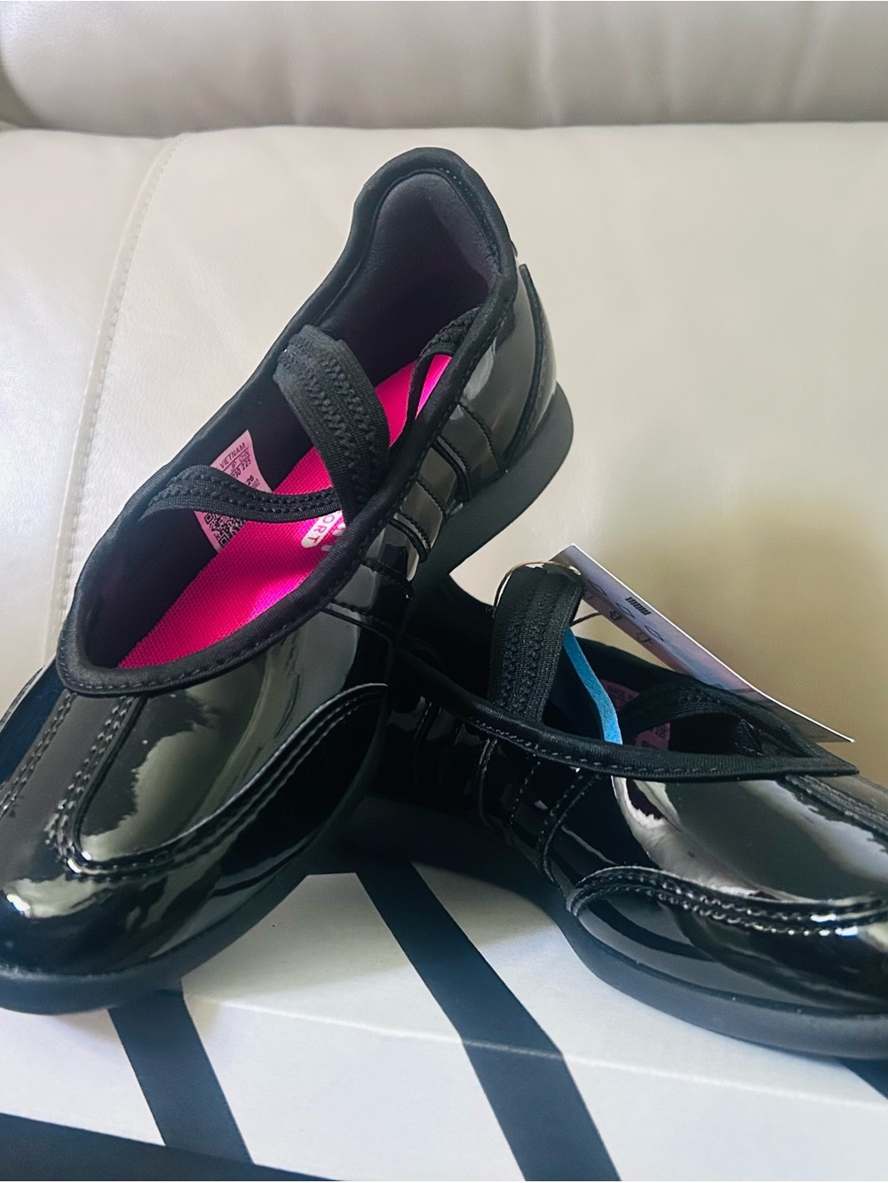 adidas Girls' Black Patent Mary Jane Flats with Pink Insole